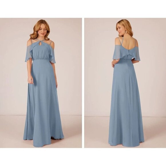 Azazie Adele Bridesmaid Dress Womens Size C 2 Green Chiffon A-line Halter Ruffle - Picture 15 of 15